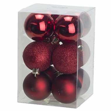12x donkerrode kerstballen 6 cm glanzende/matte kunststof/plastic kerstversiering
