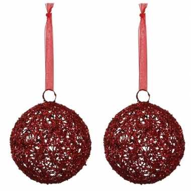 2x linnen kerstballen rood met lint 15 cm