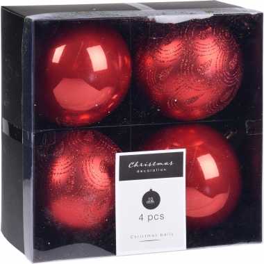 4x kerstboomversiering luxe kunststof kerstballen rood 10 cm