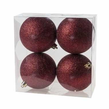 8x donkerrode kerstballen 10 cm glitter kunststof/plastic kerstversiering