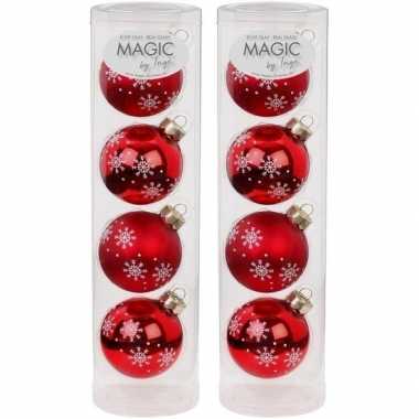8x rode kerstballen van glas noorse sneeuw print 6 cm