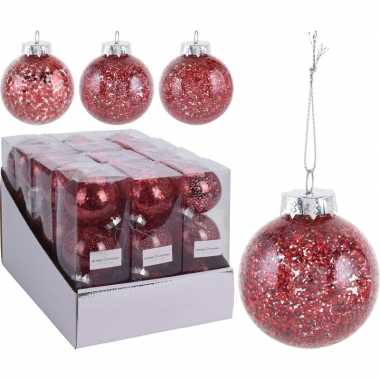 9x rode kerstballen 8 cm glitter kunststof kerstversiering