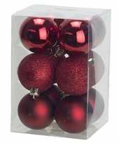 12x donkerrode kerstballen 6 cm glanzende matte kunststof plastic kerstversiering 10186786