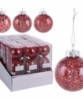 12x rode kerstballen 8 cm glitter kunststof kerstversiering