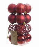 16x donkerrode kerstballen 6 cm glanzende matte glitter kunststof plastic kerstversiering