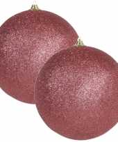 2x grote koraal rode kerstballen met glitter kunststof 18 cm
