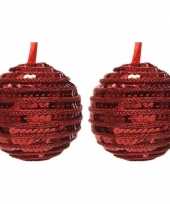 2x kerst rode kerstballen 8 cm pailletten foam kunststof plastic kerstversiering
