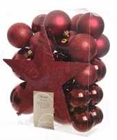 33x donkerrode kerstballen 5 6 8 cm glanzende matte glitter kunststof plastic kerstversiering