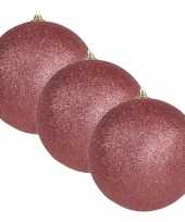 3x grote koraal rode kerstballen met glitter kunststof 18 cm