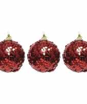 3x kerst rode kerstballen 8 cm glitters confetti kunststof kerstversiering