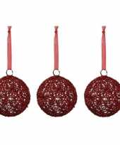 3x linnen kerstballen rood met lint 15 cm