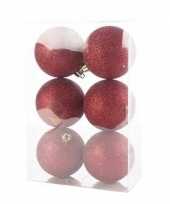6x donkerrode kerstballen 8 cm glitter kunststof plastic kerstversiering 10138239