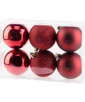 6x donkerrode kerstballen 8 cm kunststof mat glans glitter