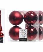 Kerstboom optuigen set rood glazen piek en 12x kunststof ballen 10 cm