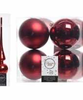 Kerstboom optuigen set rood glazen piek en 8x kunststof ballen 10 cm