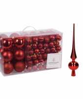 Kerstboomversiering pakket rode kunststof kerstballen en piek